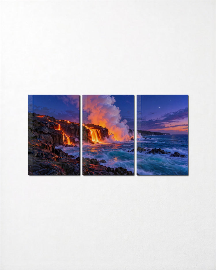 Fire Pours Into the Ocean glass wall art, set front view