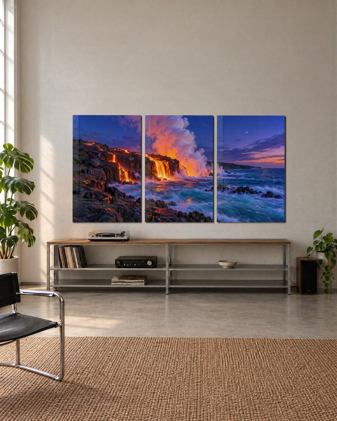 Fire Pours Into the Ocean glass wall art, set lifestyle view