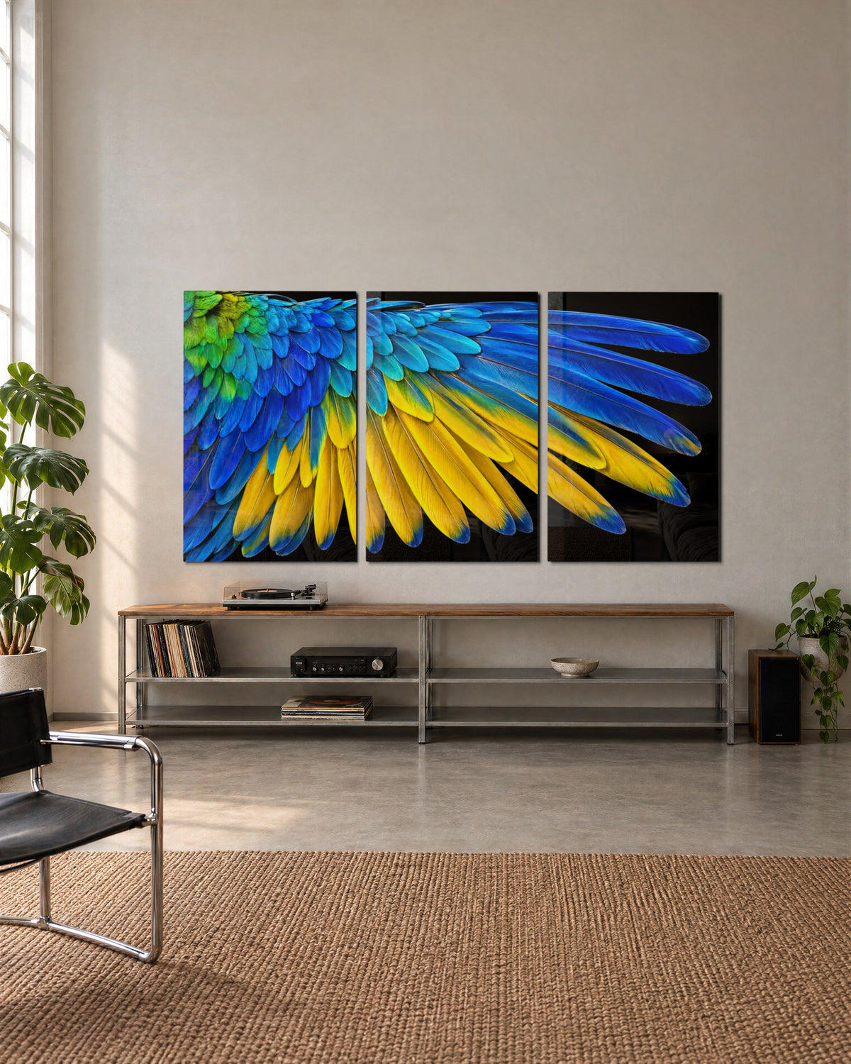 Feathers Fanned in the Dark glass wall art, set lifestyle view