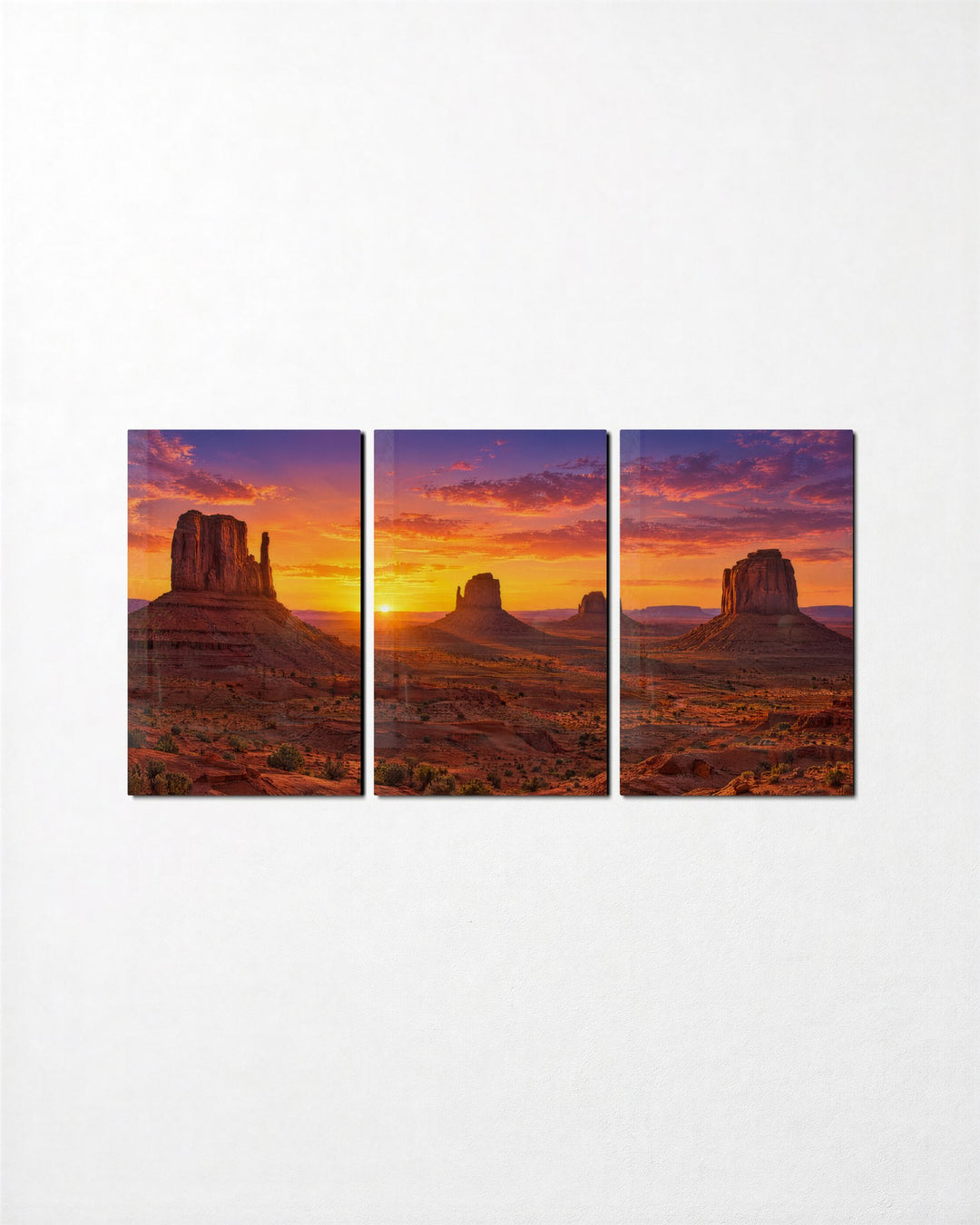 Sundown Between Two Rock Towers glass wall art, set front view