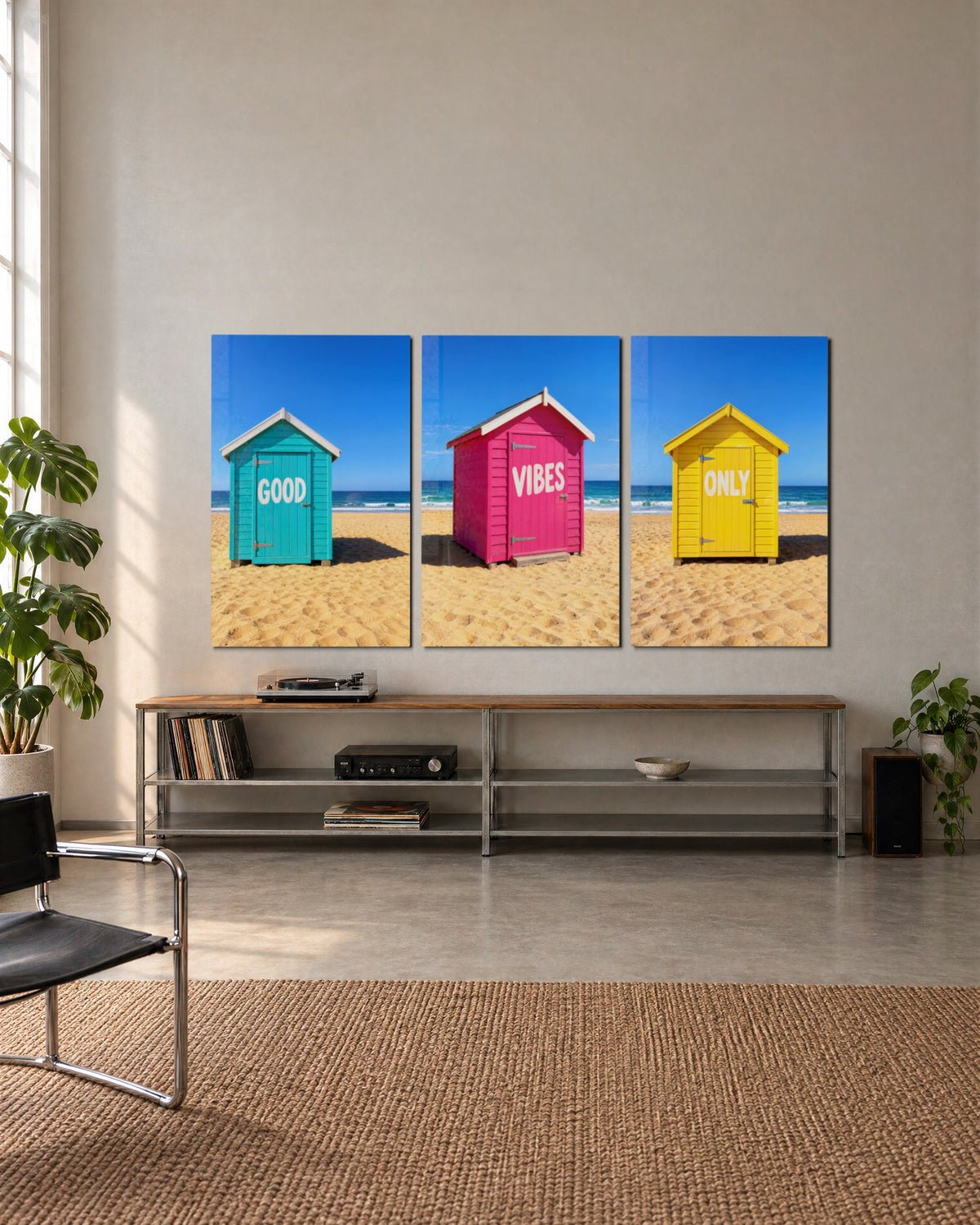 Three Huts, One Sentence glass wall art, set lifestyle view