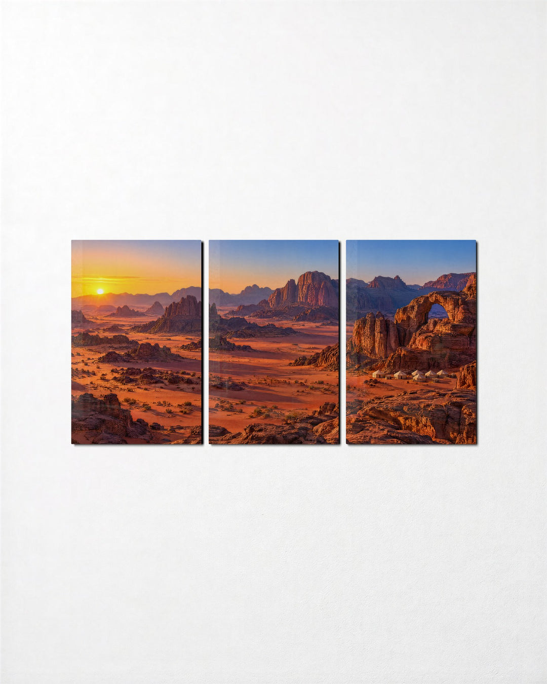 Sunrise on Red Sand glass wall art, set front view