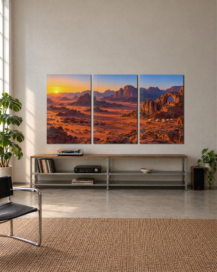 Sunrise on Red Sand glass wall art, set lifestyle view