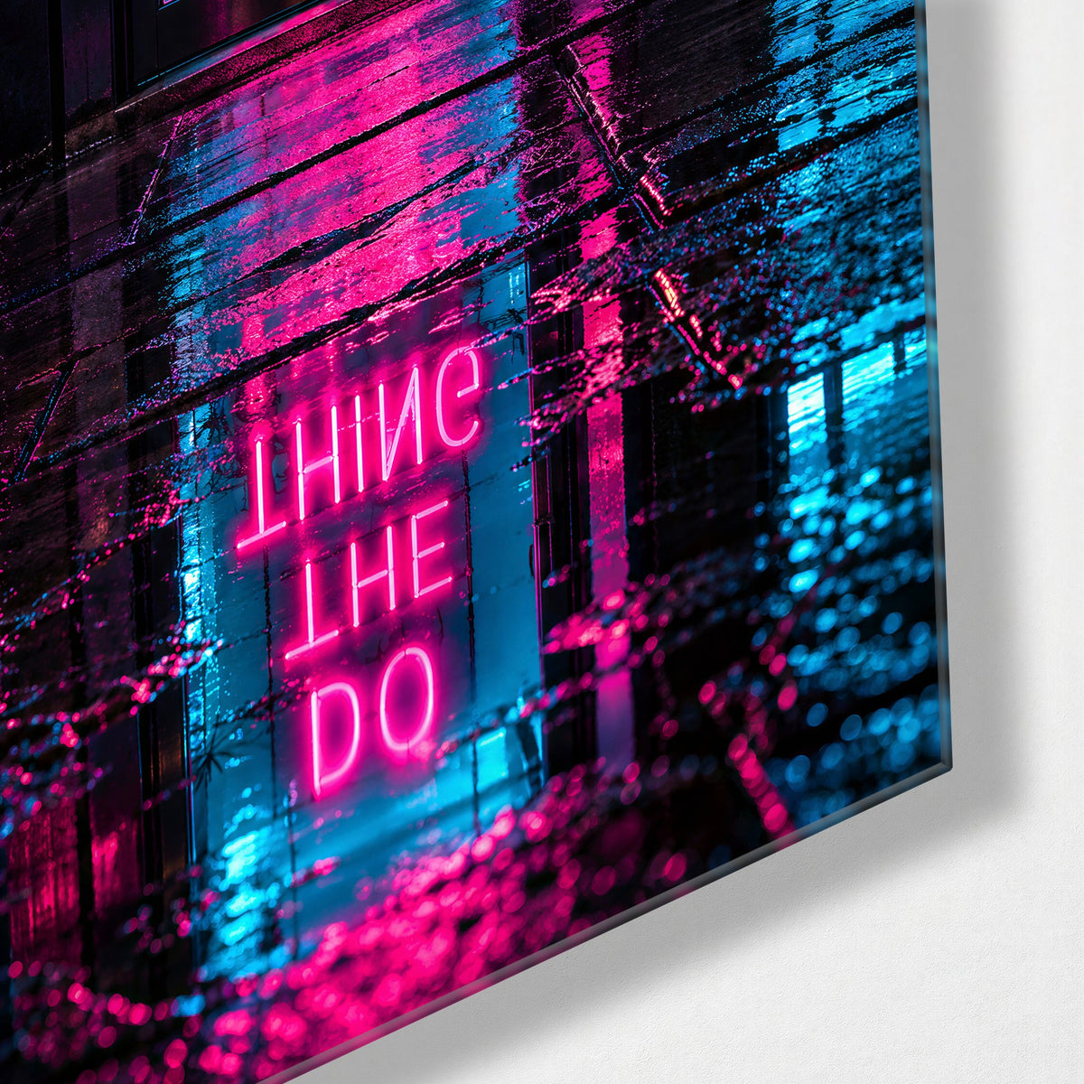 After-Hours Pep Talk glass wall art, corner view