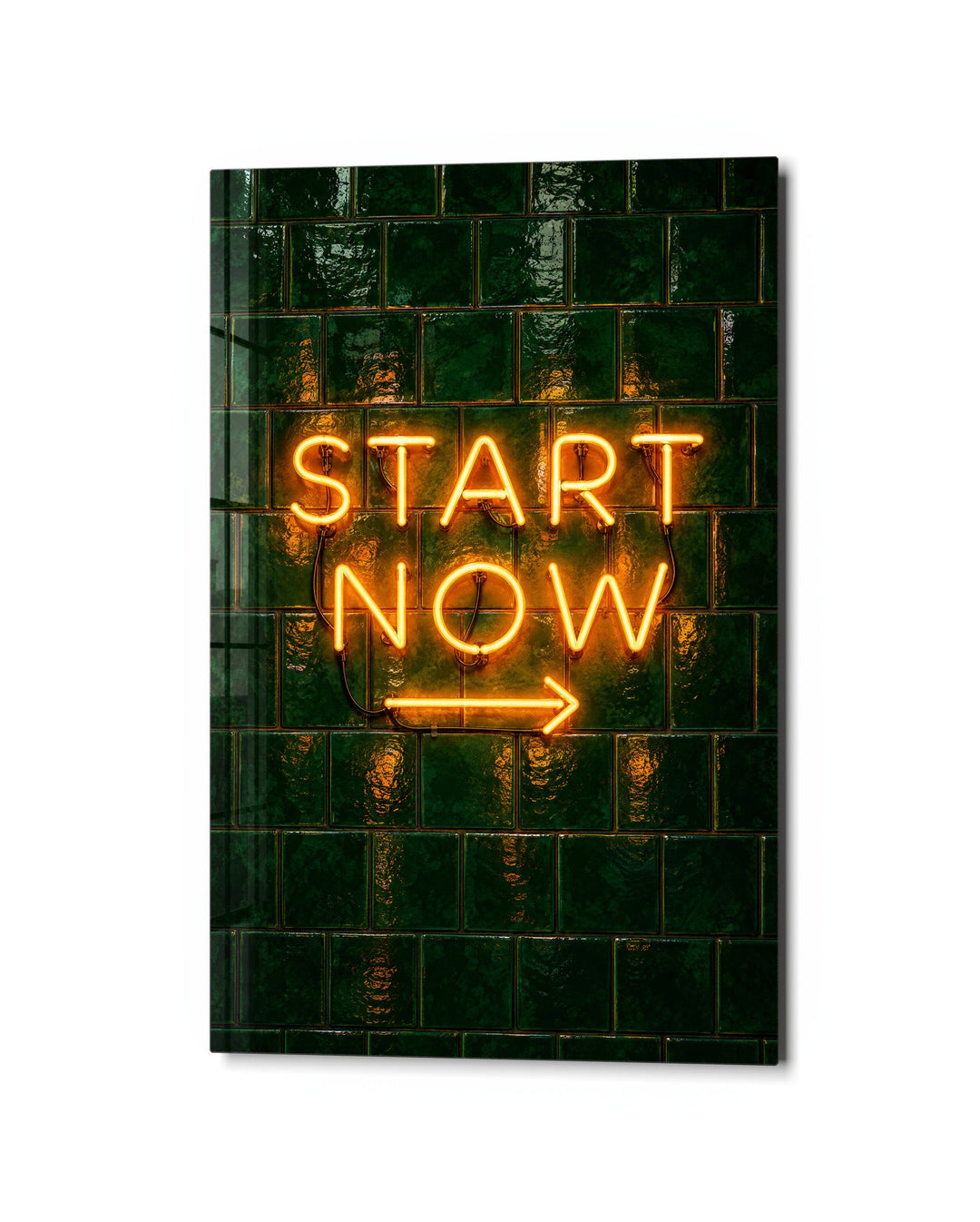 Orange Neon, Green Tiles glass wall art, studio view
