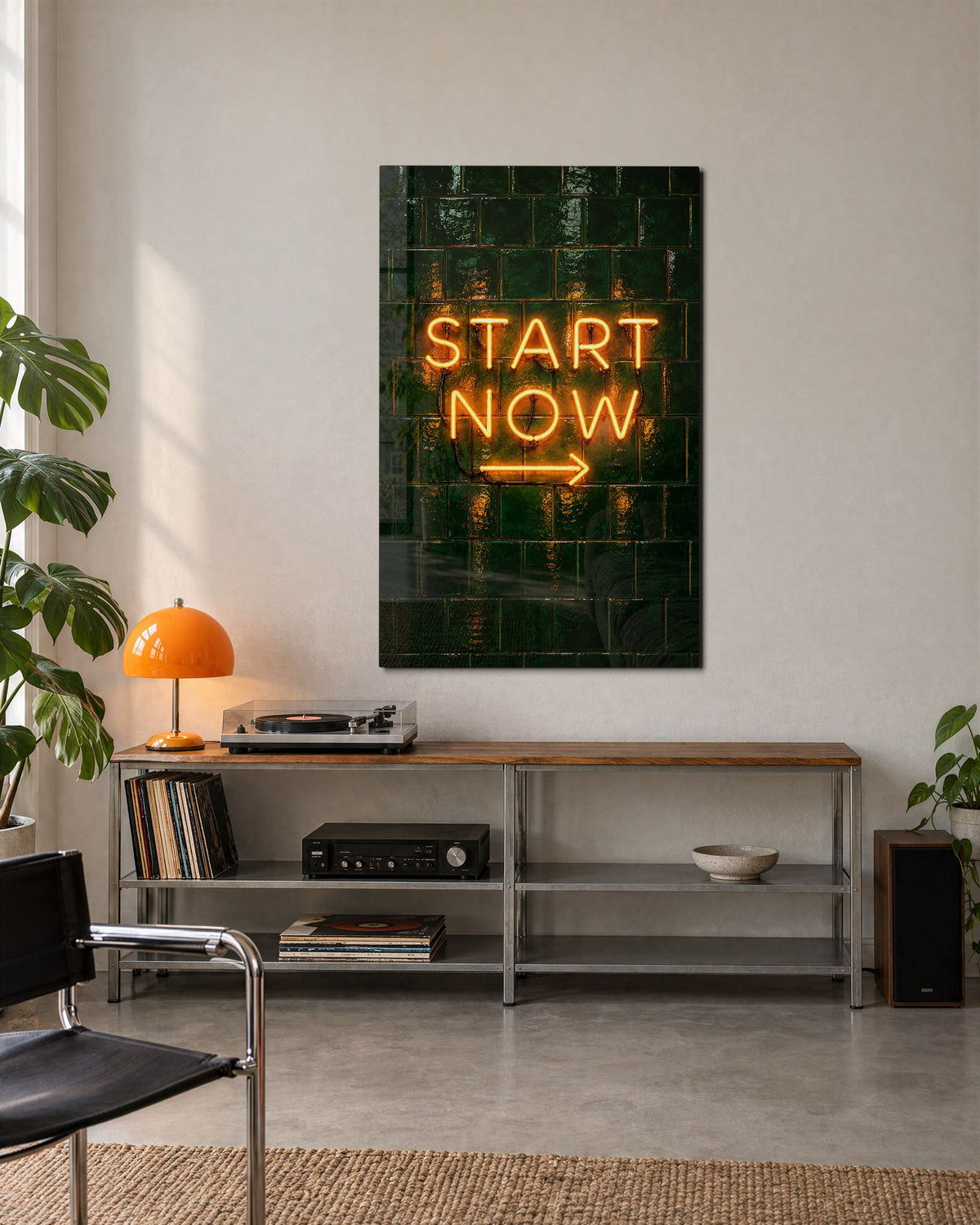 Orange Neon, Green Tiles glass wall art, lifestyle view