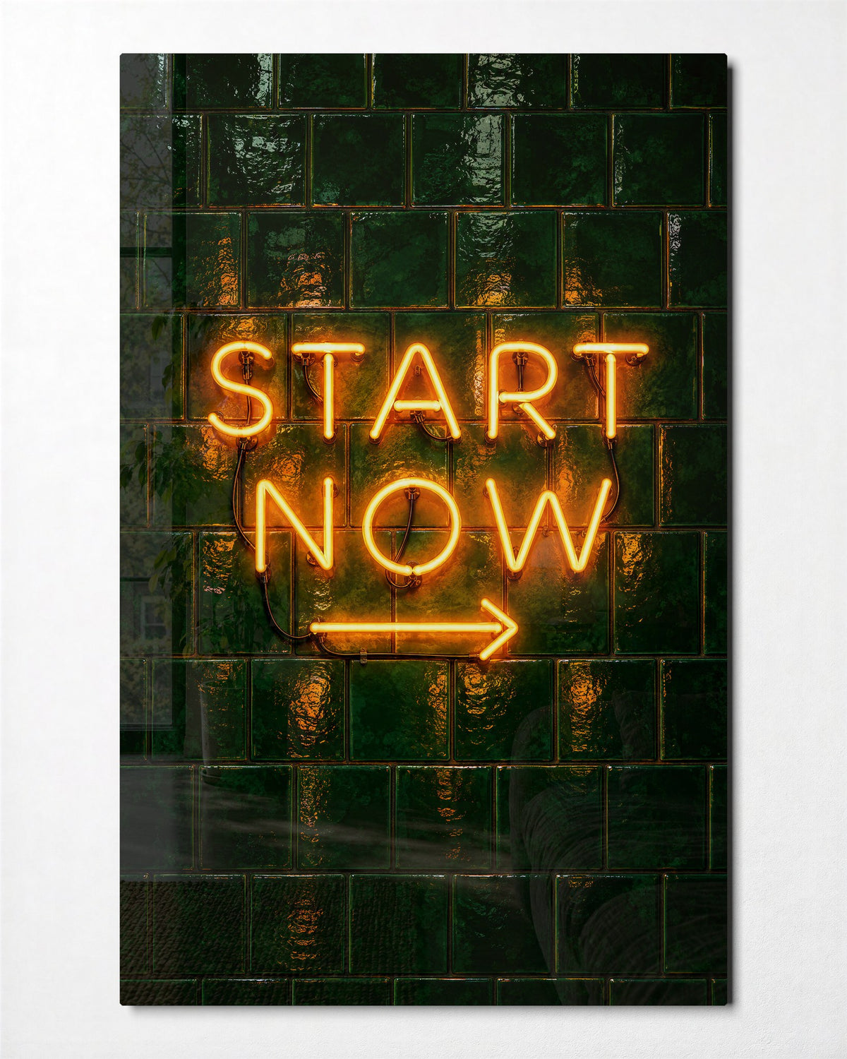 Orange Neon, Green Tiles glass wall art, front view