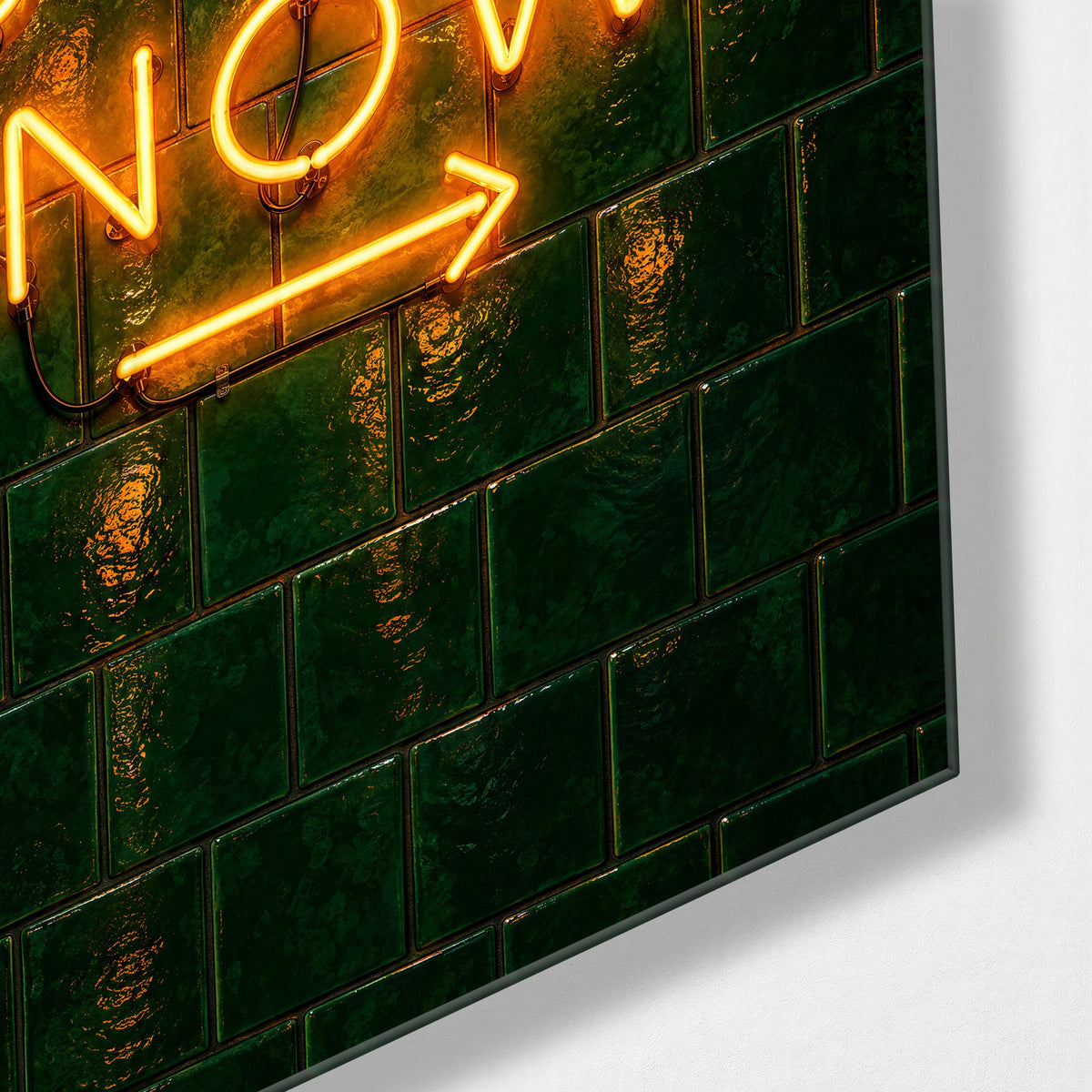 Orange Neon, Green Tiles glass wall art, corner view