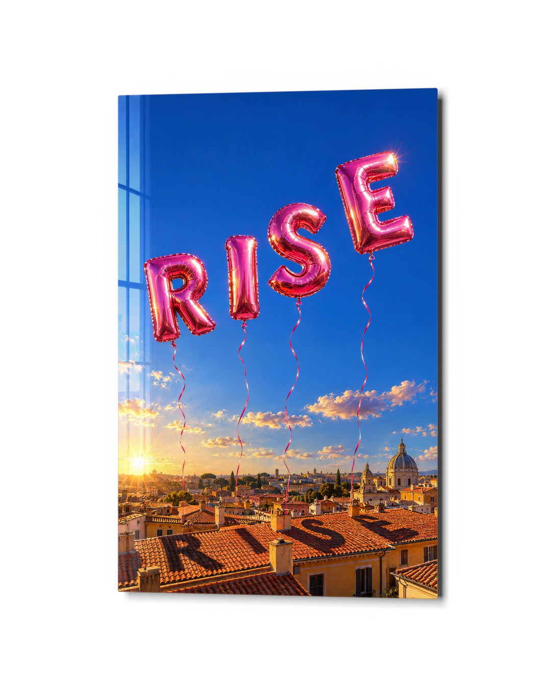 Pink Letters, Terracotta Roofs glass wall art, studio view