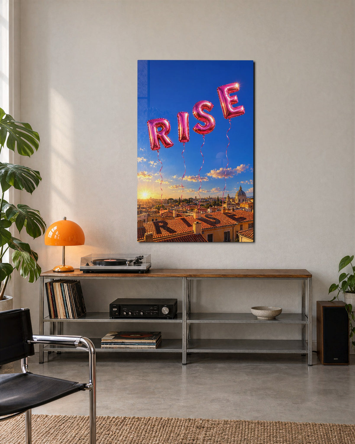 Pink Letters, Terracotta Roofs glass wall art, lifestyle view