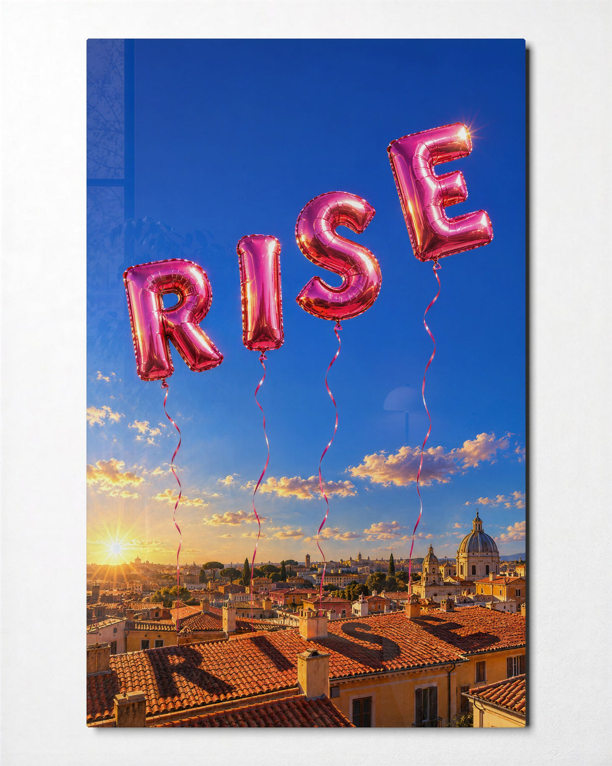Pink Letters, Terracotta Roofs glass wall art, front view