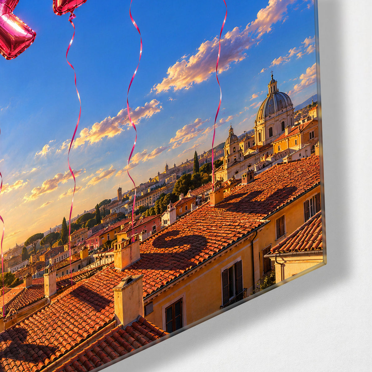 Pink Letters, Terracotta Roofs glass wall art, corner view