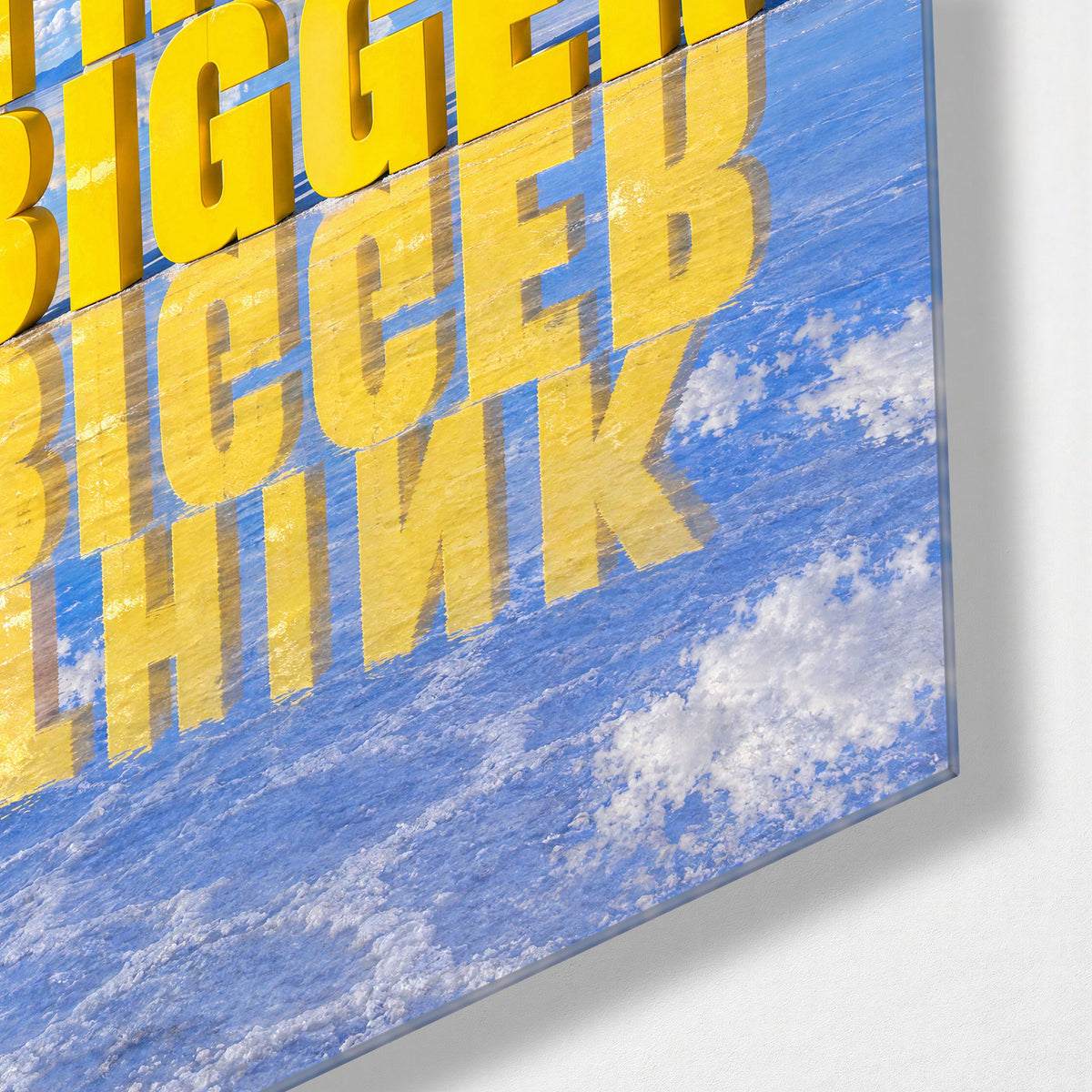 Sky Written in Yellow glass wall art, corner view