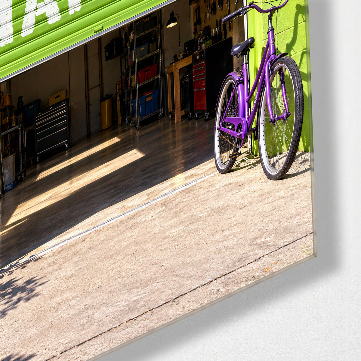 Shutter Half Up glass wall art, corner view