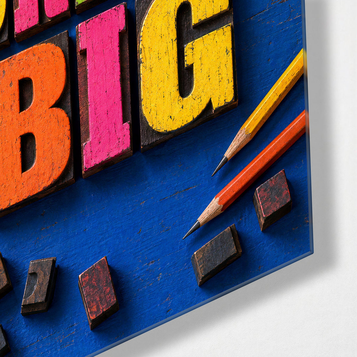 Alphabet Blocks, Large Ambitions glass wall art, corner view