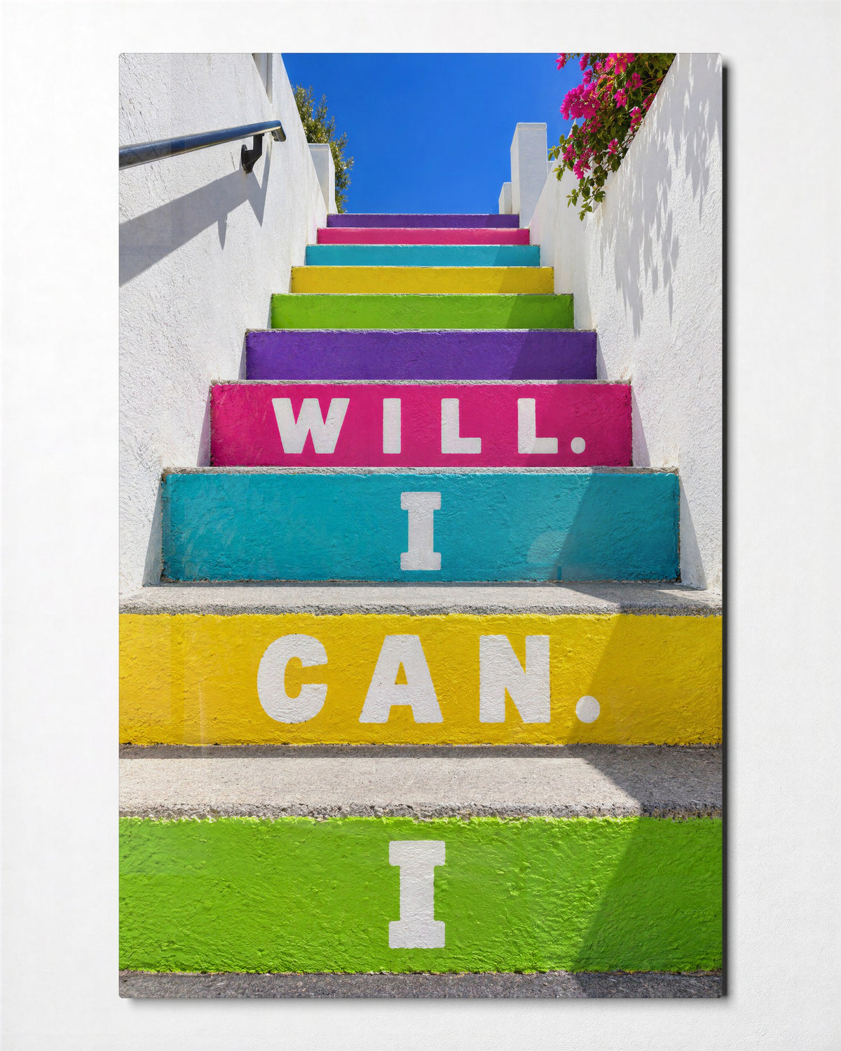 Climb the Colored Stairs glass wall art, front view