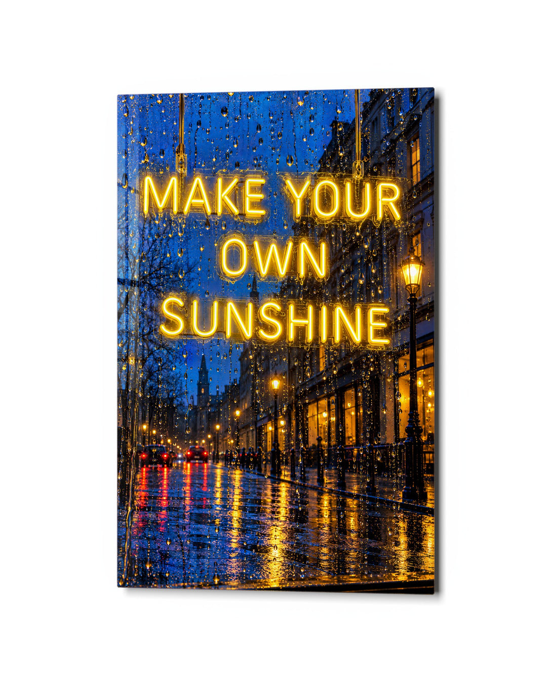 Rainy Window, Sunny Sign glass wall art, studio view