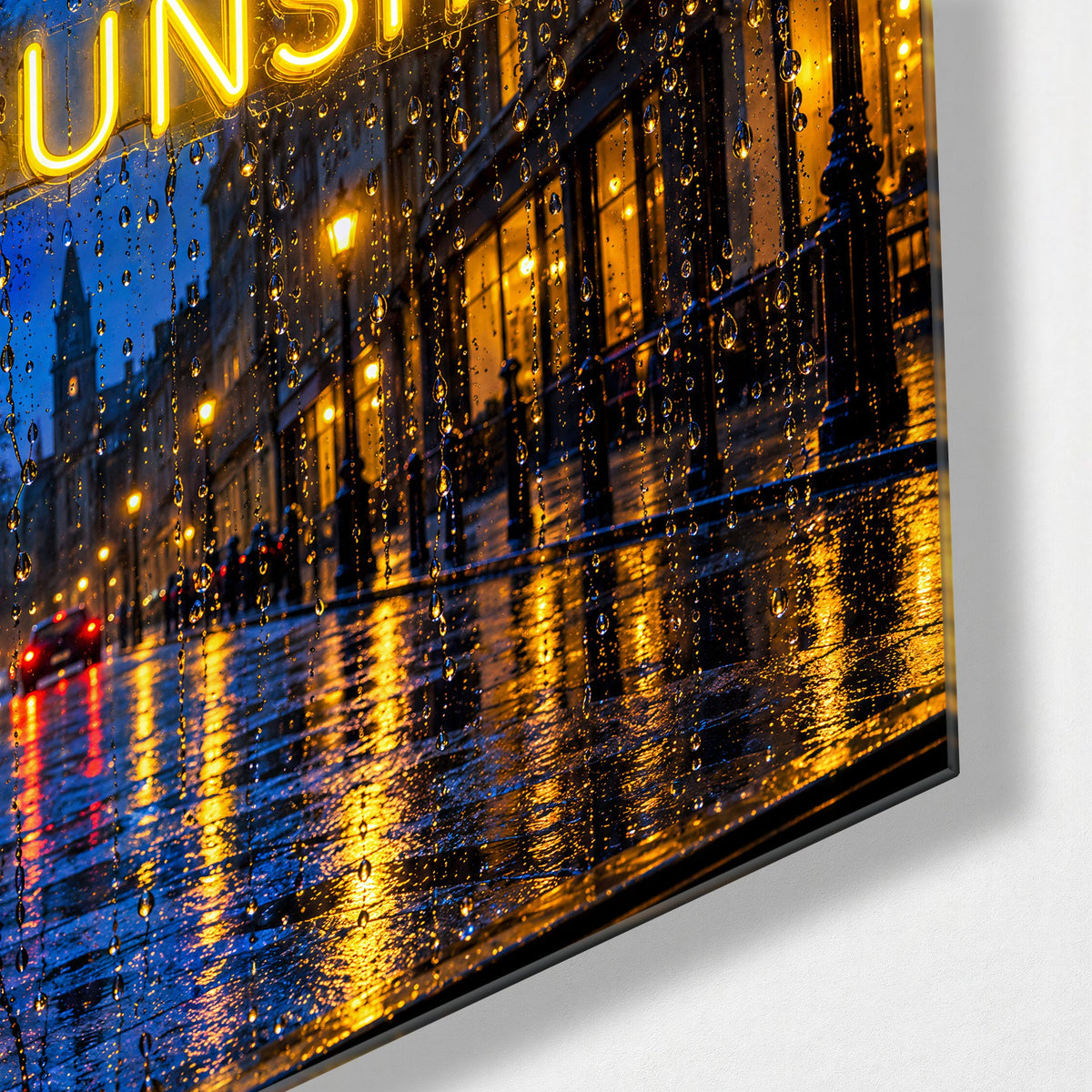 Rainy Window, Sunny Sign glass wall art, corner view
