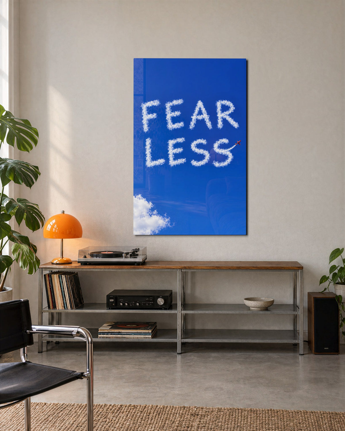 Contrails of Courage glass wall art, lifestyle view