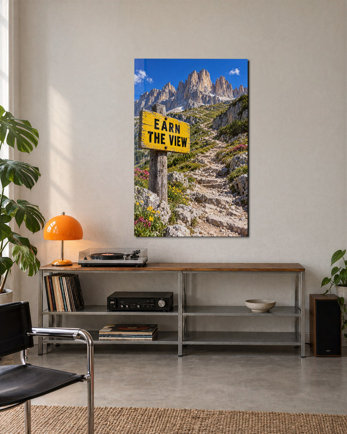 Trail Sign With Opinions glass wall art, lifestyle view