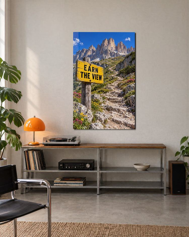 Trail Sign With Opinions glass wall art, lifestyle view