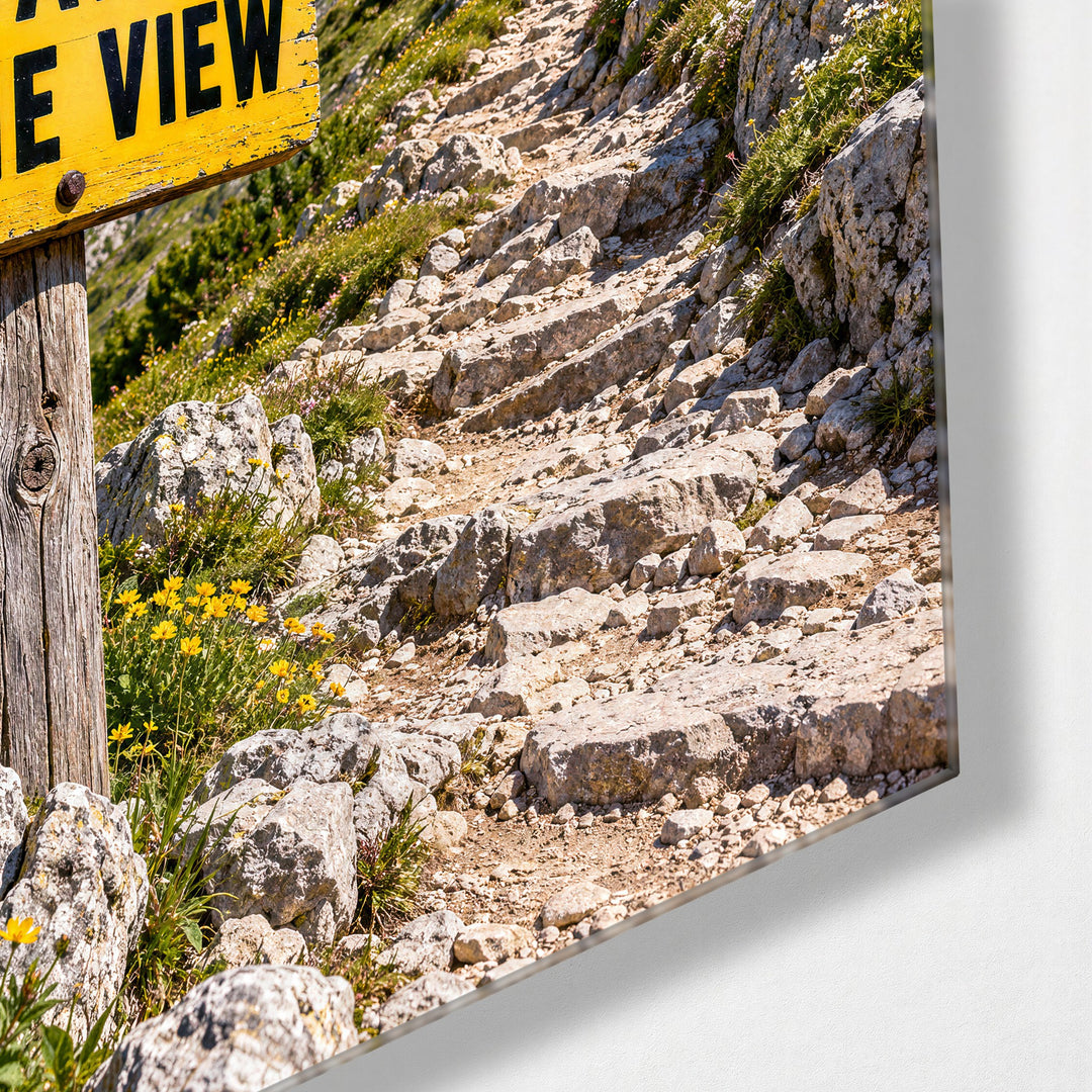 Trail Sign With Opinions glass wall art, corner view