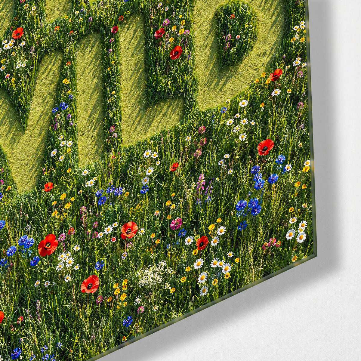 Pressed Into the Grass glass wall art, corner view