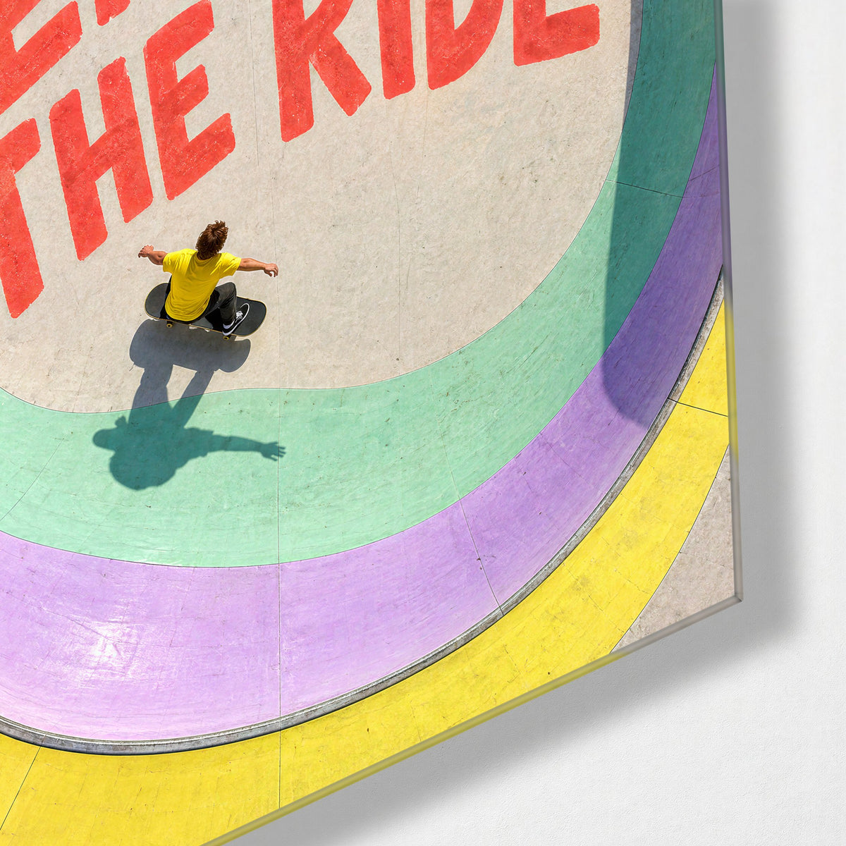Rink of Pastel Rings glass wall art, corner view