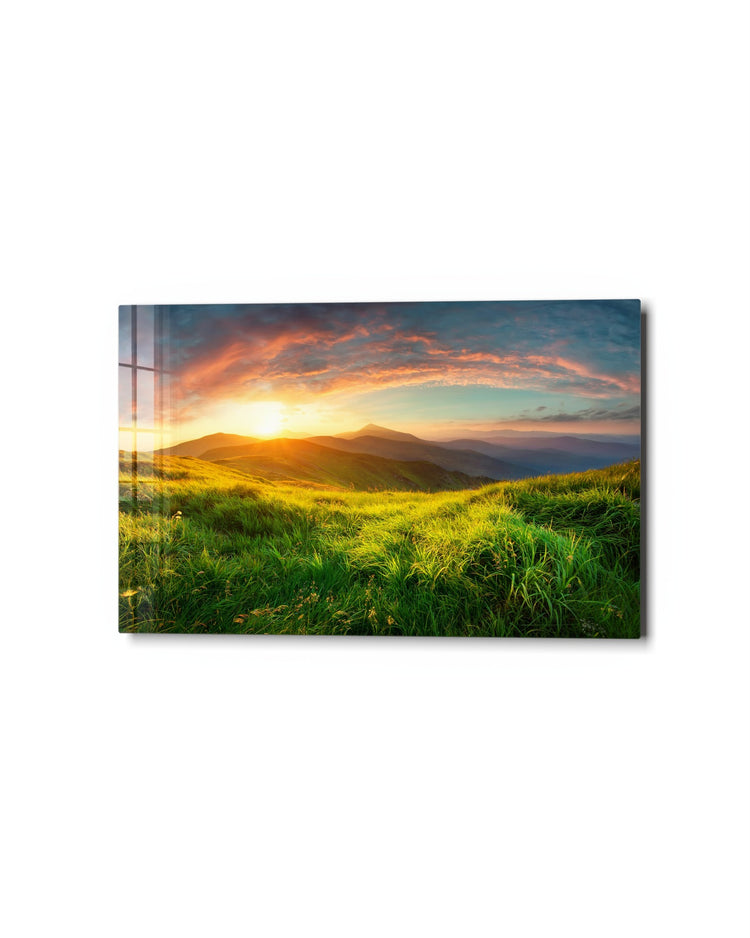 Grass Hill at Sunrise glass wall art, studio view
