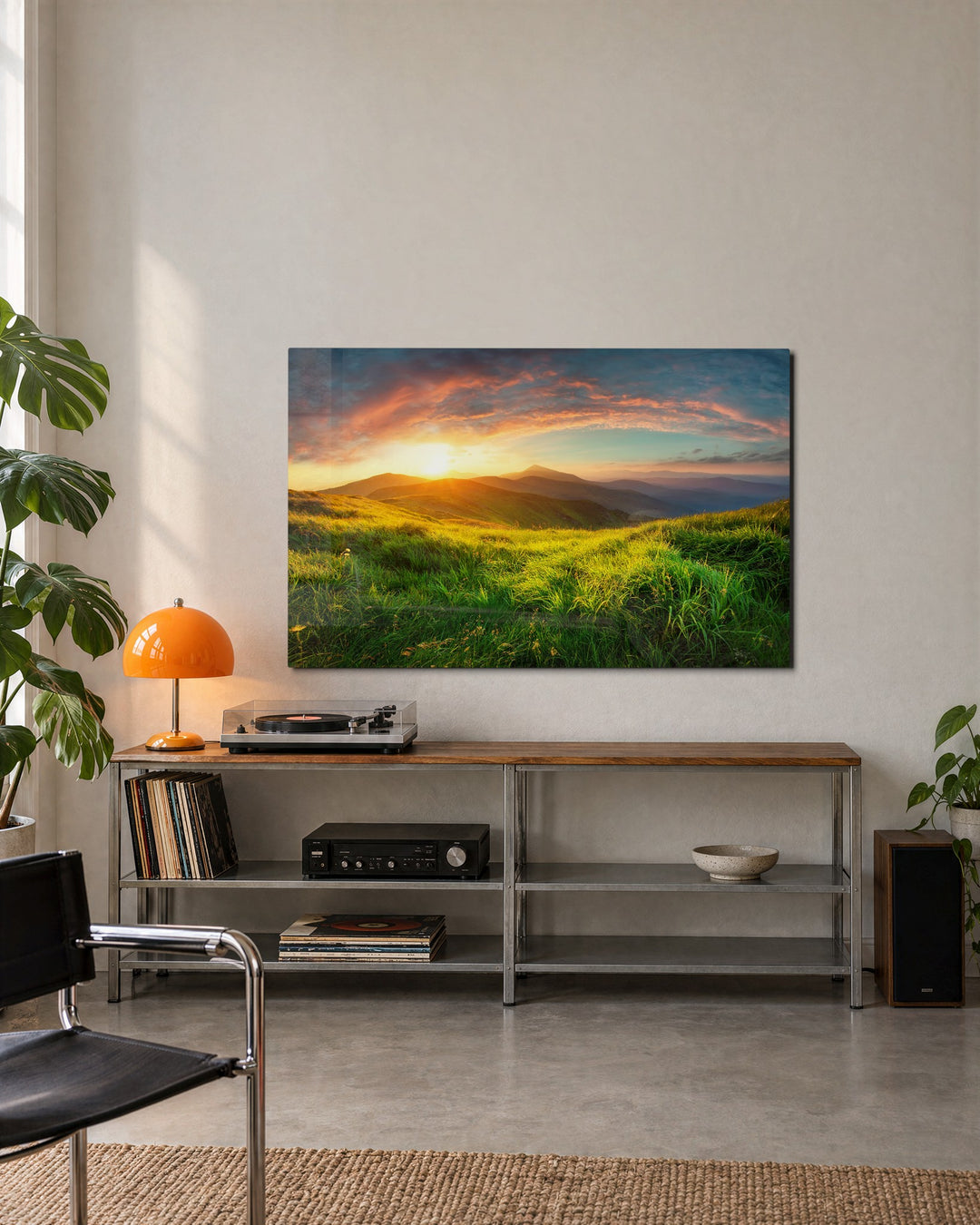 Grass Hill at Sunrise glass wall art, lifestyle view