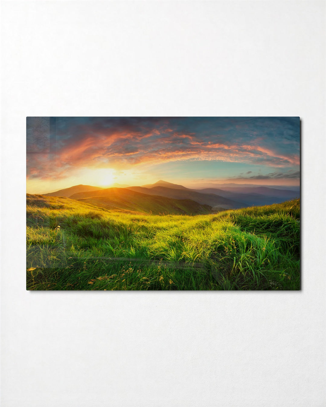 Grass Hill at Sunrise glass wall art, front view