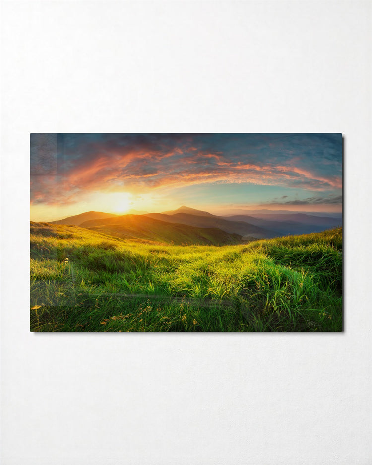 Grass Hill at Sunrise glass wall art, front view