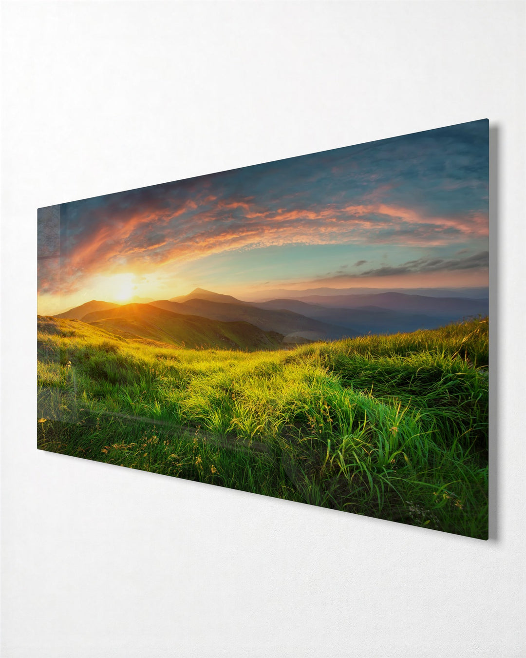 Grass Hill at Sunrise glass wall art, side view