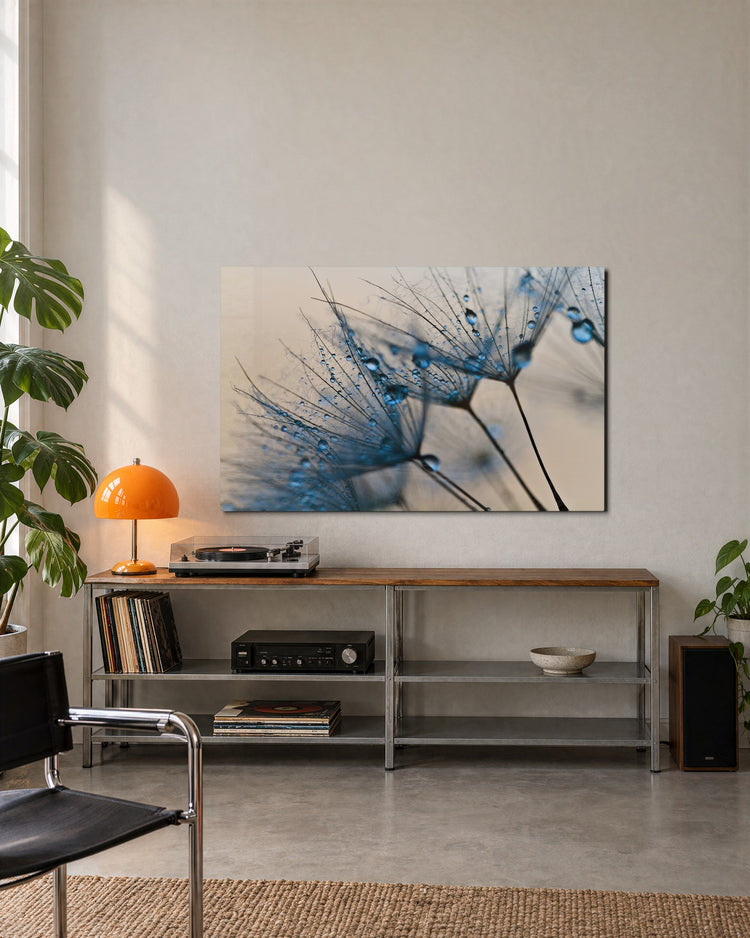Dewdrops on Dandelion Seeds glass wall art, lifestyle view