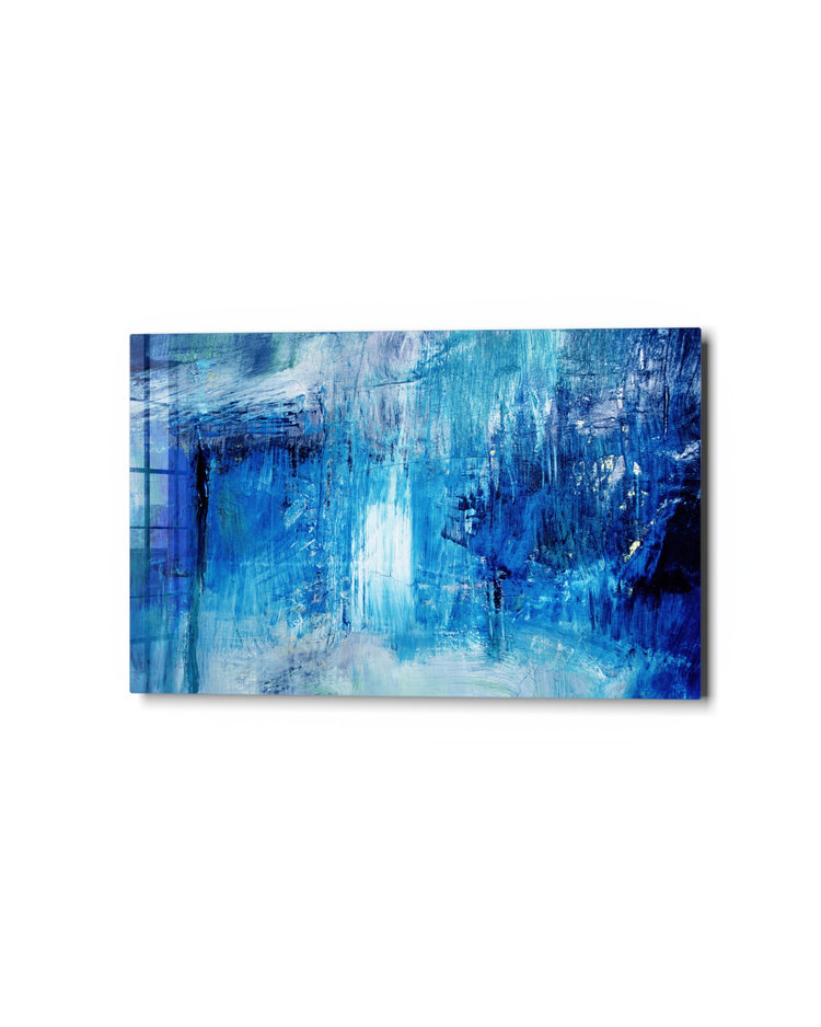 Blue Brushwork Downpour glass wall art, studio view