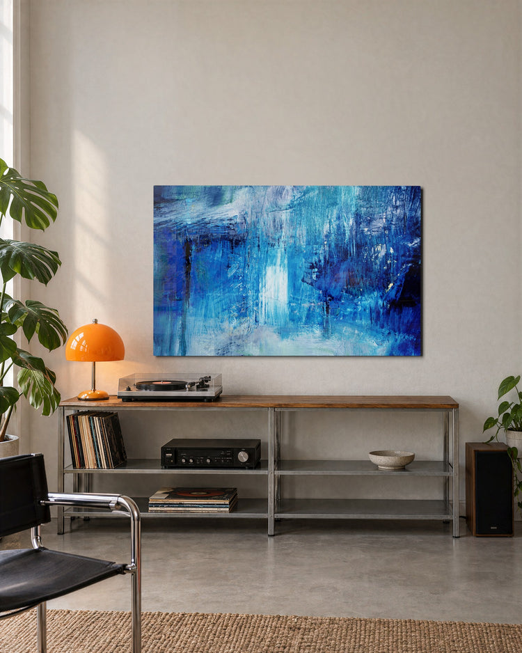 Blue Brushwork Downpour glass wall art, lifestyle view