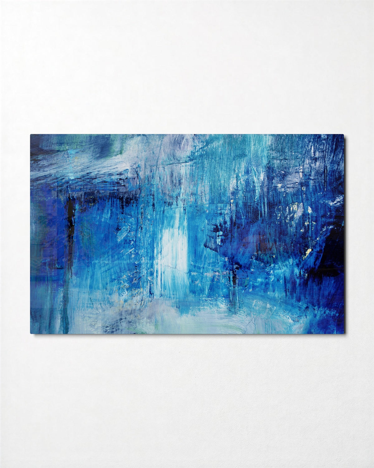 Blue Brushwork Downpour glass wall art, front view