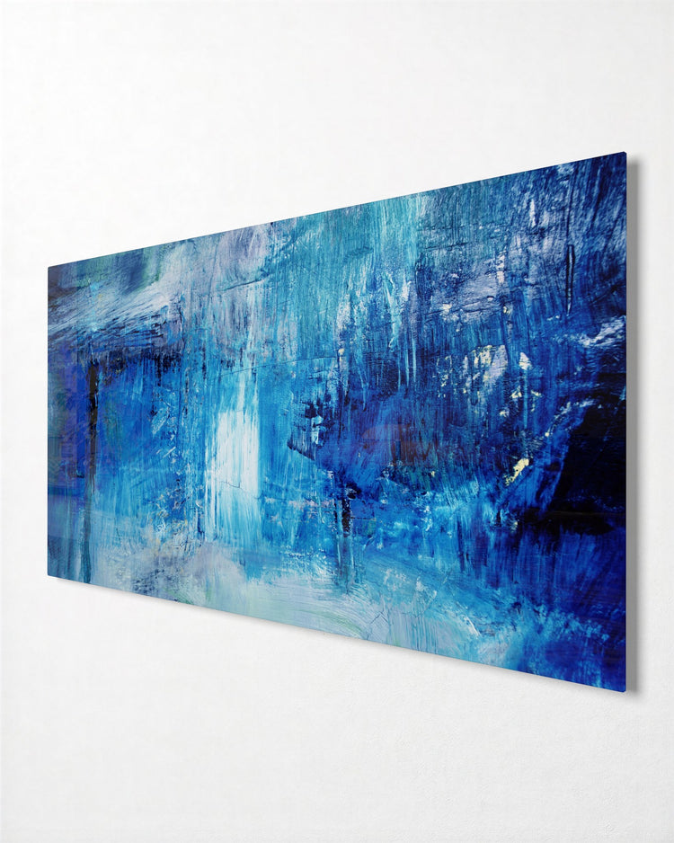 Blue Brushwork Downpour glass wall art, side view