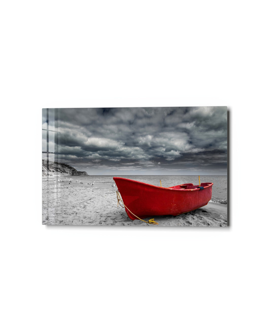 Red Boat on a Grey Beach glass wall art, studio view