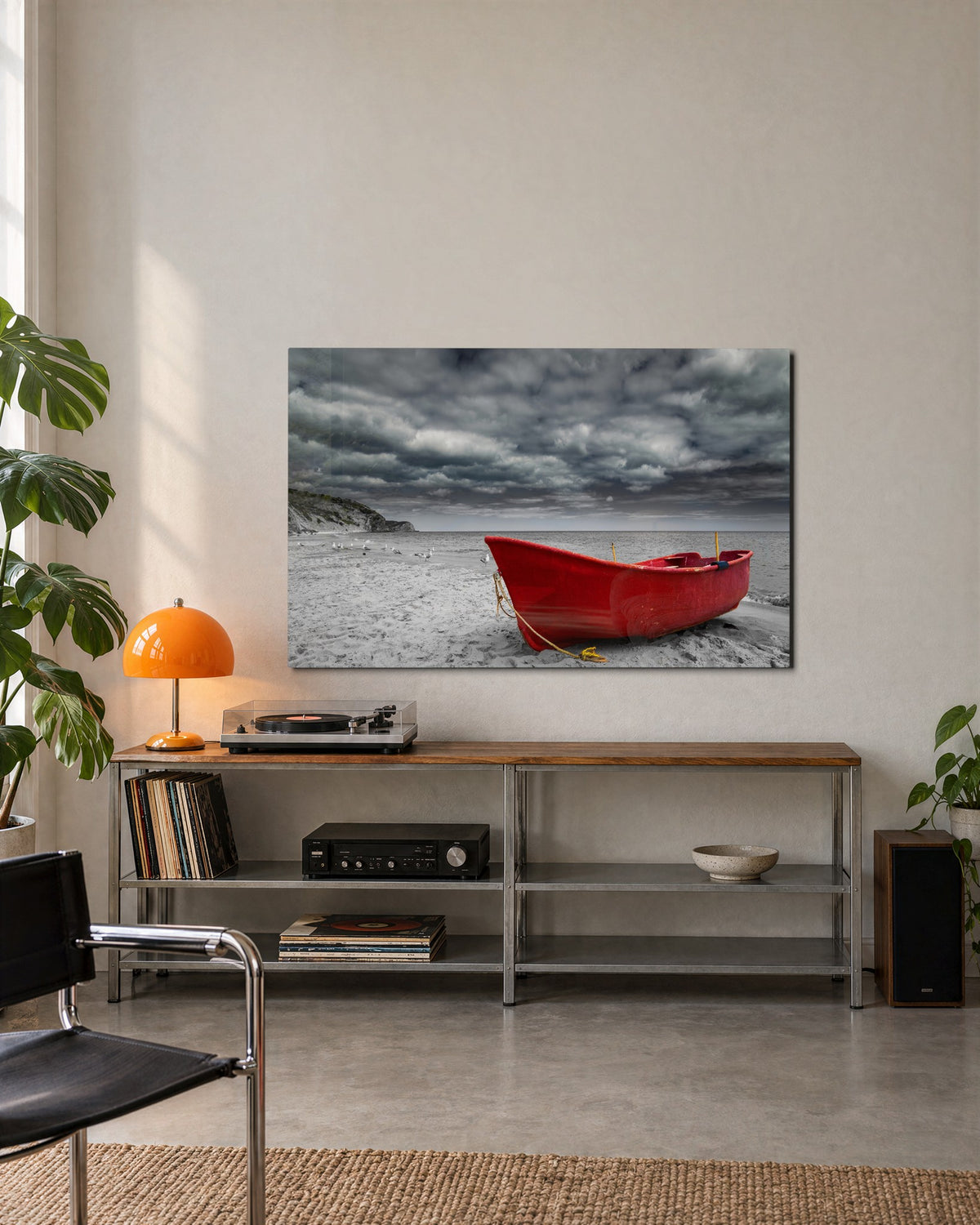 Red Boat on a Grey Beach glass wall art, lifestyle view