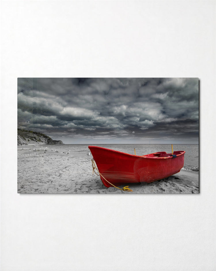 Red Boat on a Grey Beach glass wall art, front view