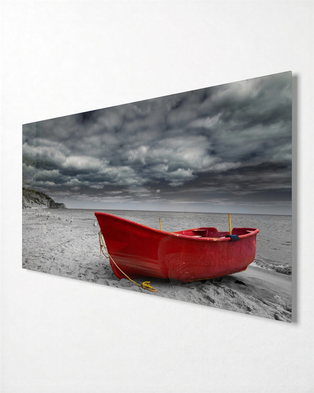 Red Boat on a Grey Beach glass wall art, side view