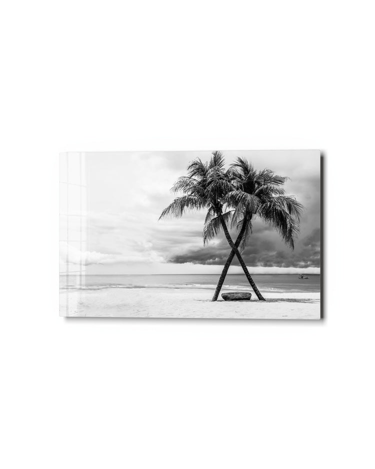 Two Palms in Black and White glass wall art, studio view