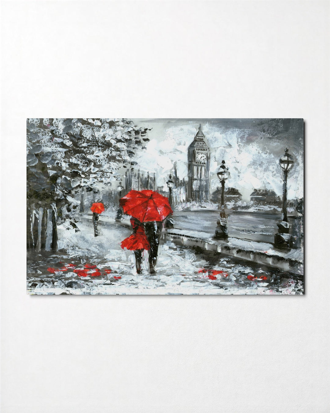 Red Umbrella by the River glass wall art, front view