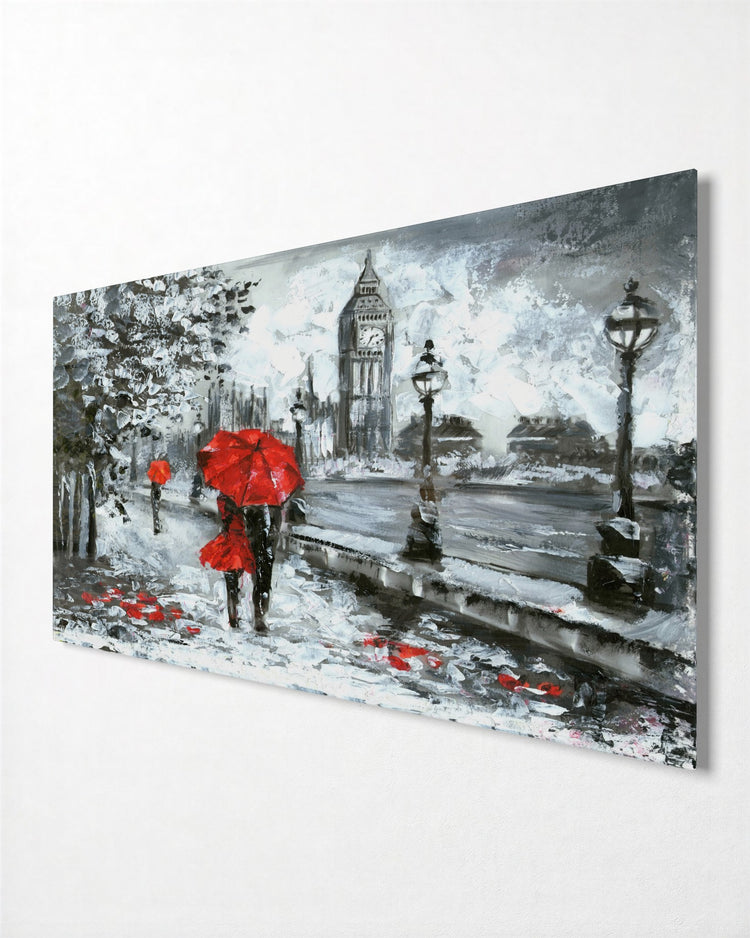 Red Umbrella by the River glass wall art, side view
