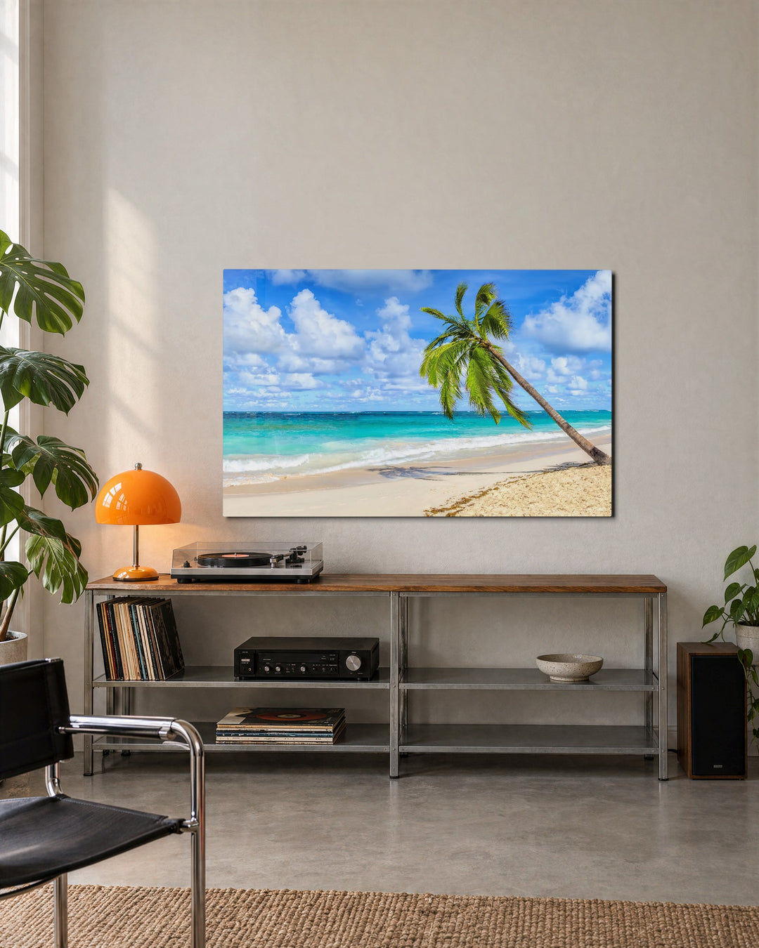 Leaning Palm, Clear Water glass wall art, lifestyle view