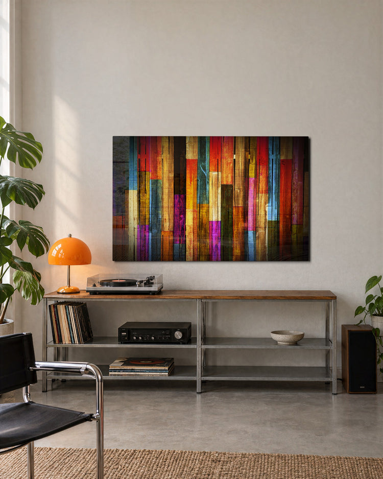 Painted Plank Rainbow glass wall art, lifestyle view