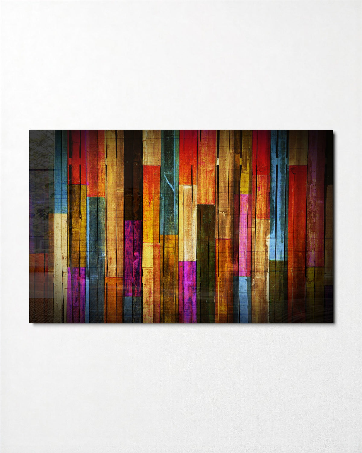 Painted Plank Rainbow glass wall art, front view