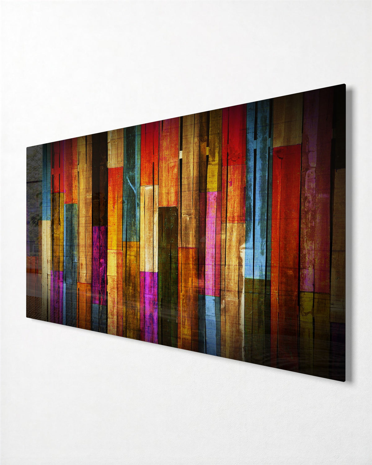 Painted Plank Rainbow glass wall art, side view
