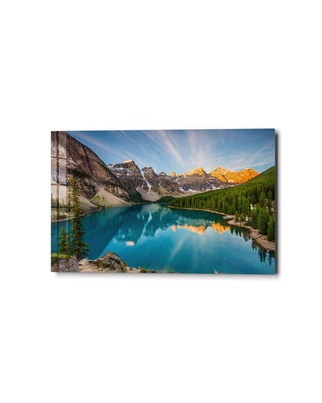 Turquoise Lake Under the Peaks glass wall art, studio view
